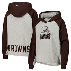 Cleveland Browns DKNY Sport Women's Joy Cropped Raglan Pullover Hoodie - Gray/Brown on sale