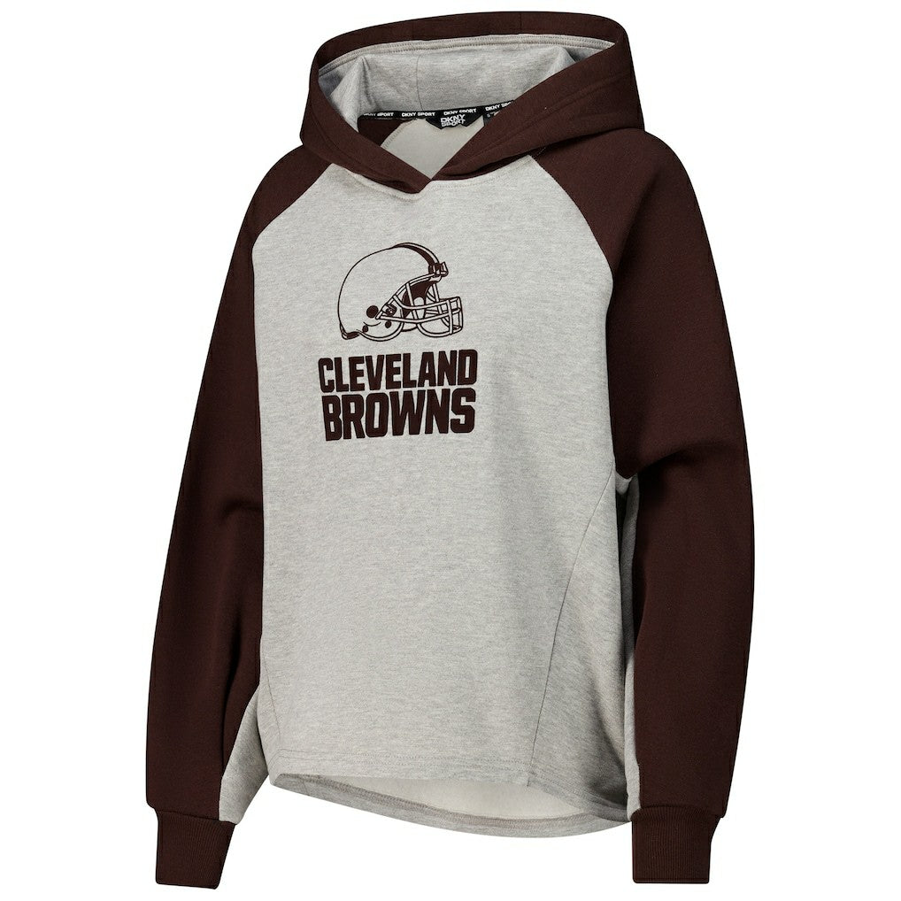 Cleveland Browns DKNY Sport Women's Joy Cropped Raglan Pullover Hoodie - Gray/Brown on sale