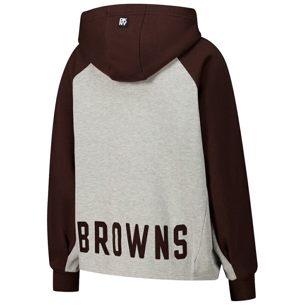 Cleveland Browns DKNY Sport Women's Joy Cropped Raglan Pullover Hoodie - Gray/Brown on sale