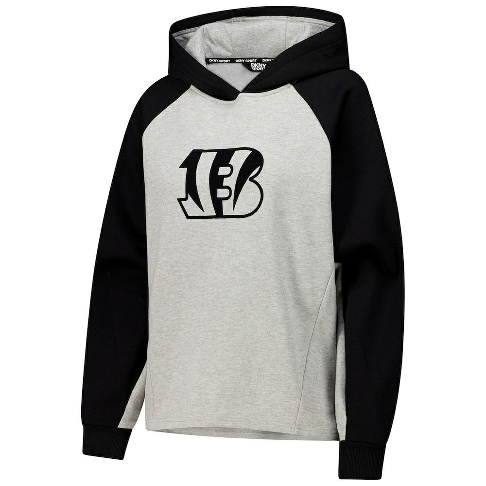 Cincinnati Bengals DKNY Sport Women's Joy Cropped Raglan Pullover Hoodie - Gray/Black on sale
