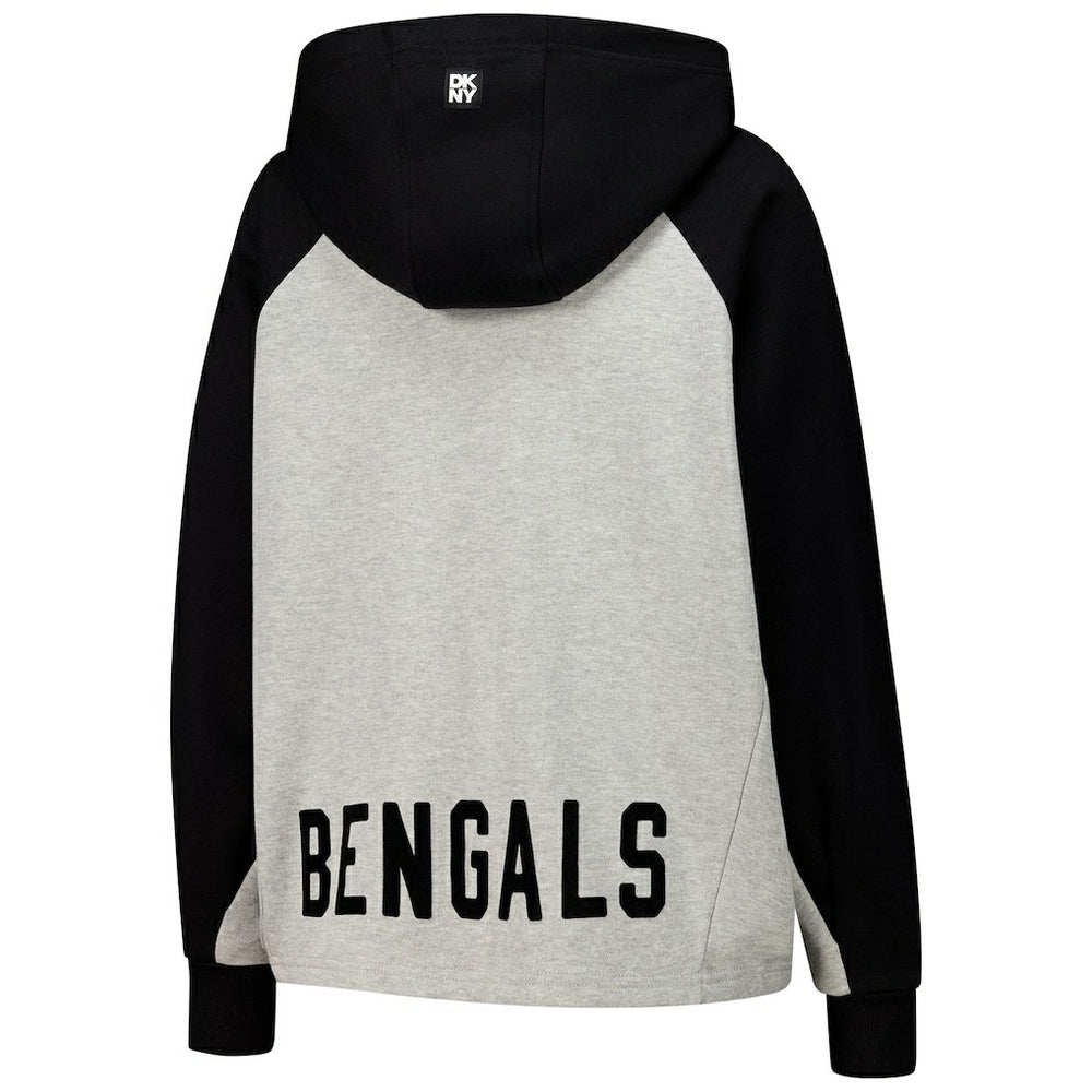 Cincinnati Bengals DKNY Sport Women's Joy Cropped Raglan Pullover Hoodie - Gray/Black on sale