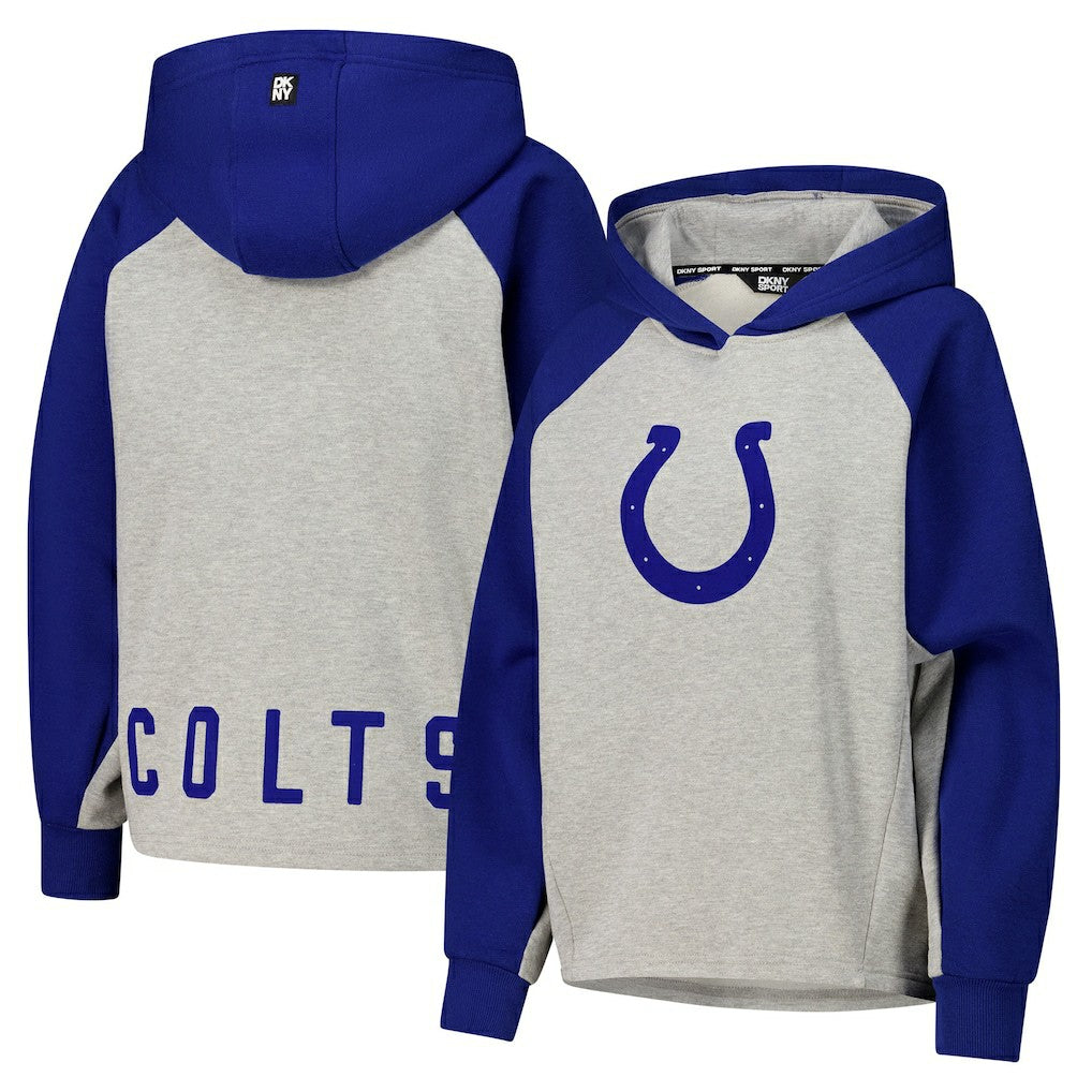 Indianapolis Colts DKNY Sport Women's Joy Cropped Raglan Pullover Hoodie - Gray/Royal on sale