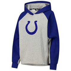 Indianapolis Colts DKNY Sport Women's Joy Cropped Raglan Pullover Hoodie - Gray/Royal on sale