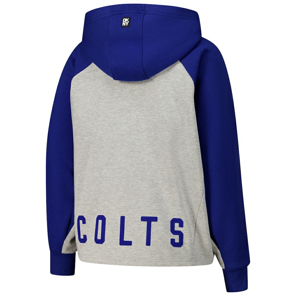 Indianapolis Colts DKNY Sport Women's Joy Cropped Raglan Pullover Hoodie - Gray/Royal on sale