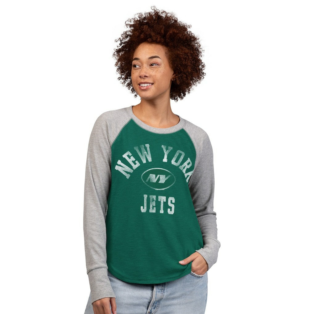 New York Jets G-III 4Her by Carl Banks Women's Waffle Knit Raglan Long Sleeve T-Shirt - Green/Heather Gray on sale