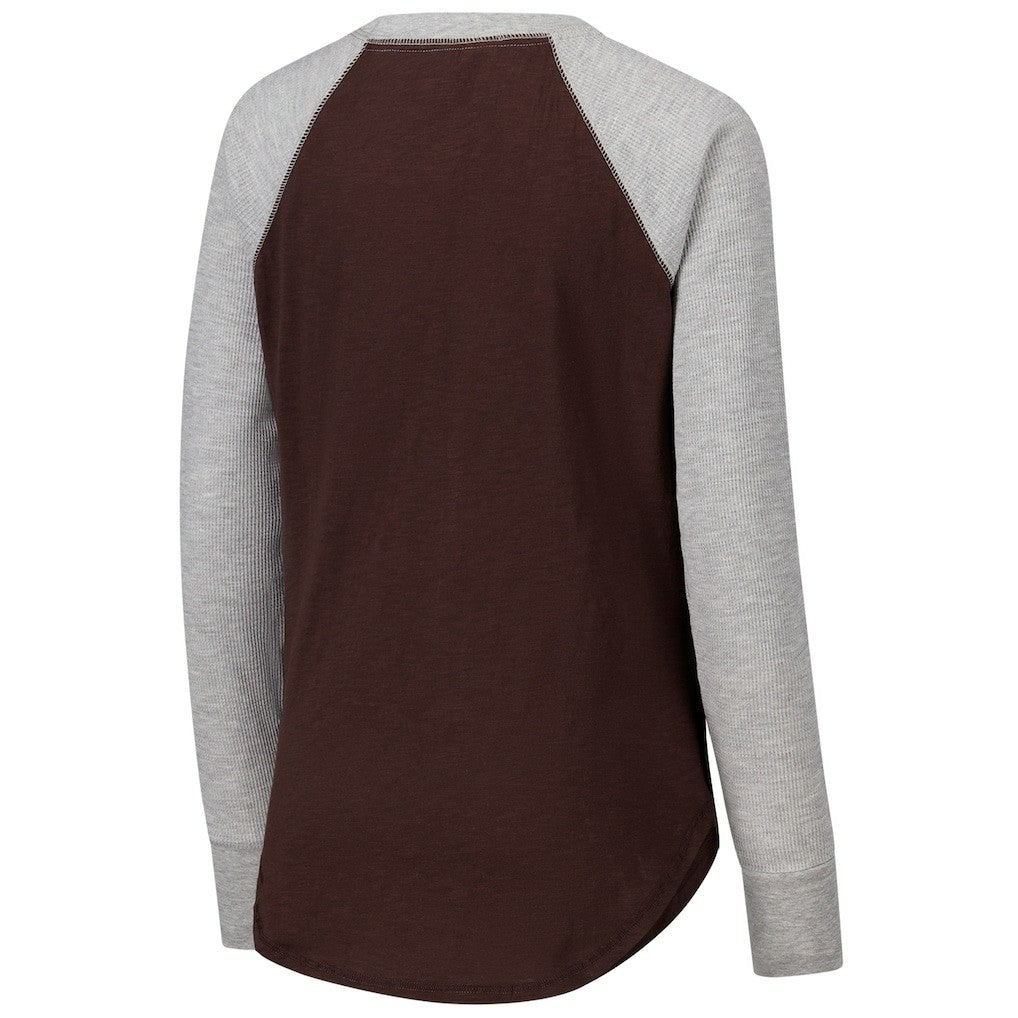 Cleveland Browns G-III 4Her by Carl Banks Women's Waffle Knit Raglan Long Sleeve T-Shirt - Brown/Heather Gray for sale
