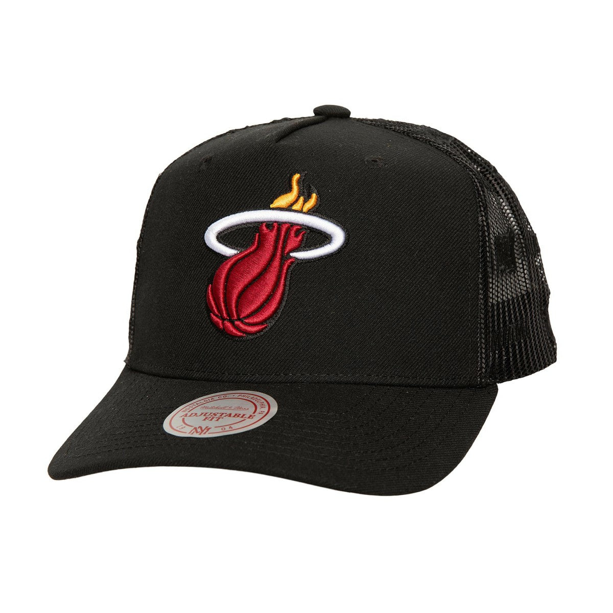 Miami Heat Monogram Allover Logo Mesh Trucker Adjustable Hat - Black | Mitchell & Ness on sale