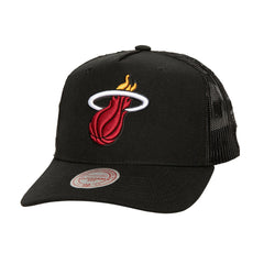 Miami Heat Monogram Allover Logo Mesh Trucker Adjustable Hat - Black | Mitchell & Ness on sale