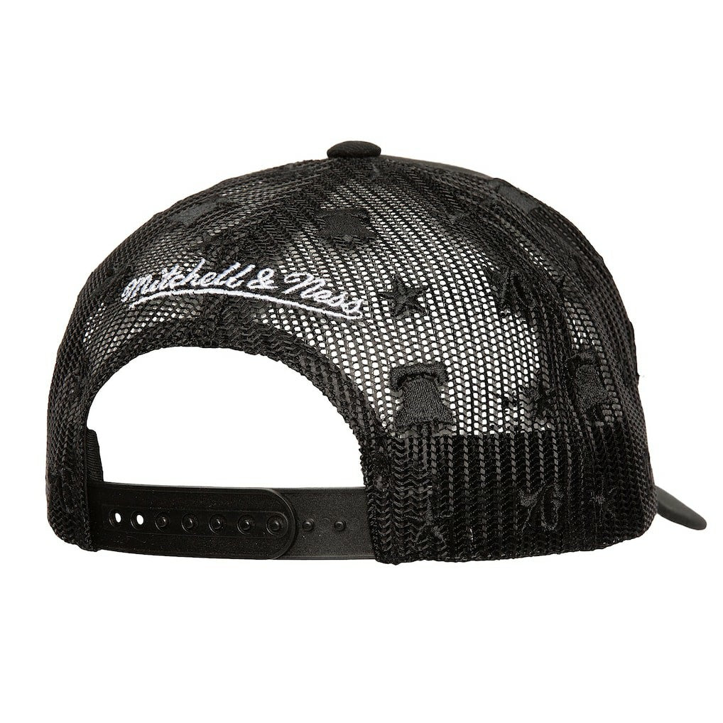Philadelphia 76ers Monogram Allover Logo Mesh Trucker Adjustable Hat - Black | Mitchell & Ness outlet