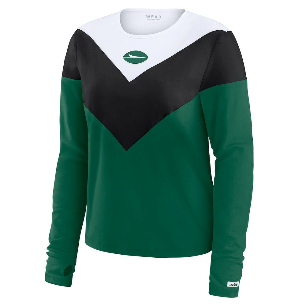 New York Jets WEAR by Erin Andrews Women's Plus Size Chevron Tri-Blend Long Sleeve T-Shirt - Green/Black discount