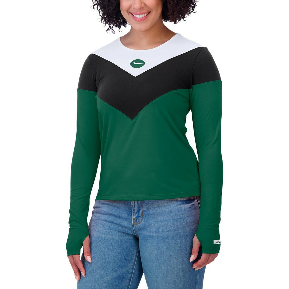 New York Jets WEAR by Erin Andrews Women's Plus Size Chevron Tri-Blend Long Sleeve T-Shirt - Green/Black discount