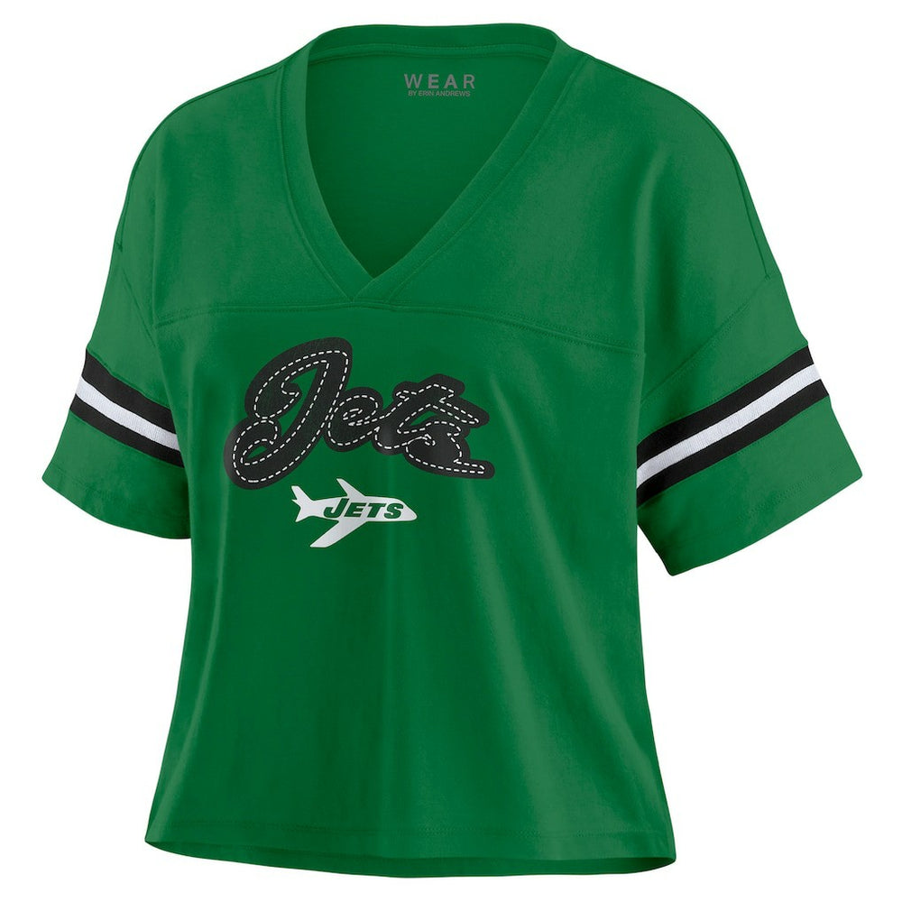 New York Jets WEAR by Erin Andrews Women's Color Block Boxy V-Neck T-Shirt - Kelly Green for sale