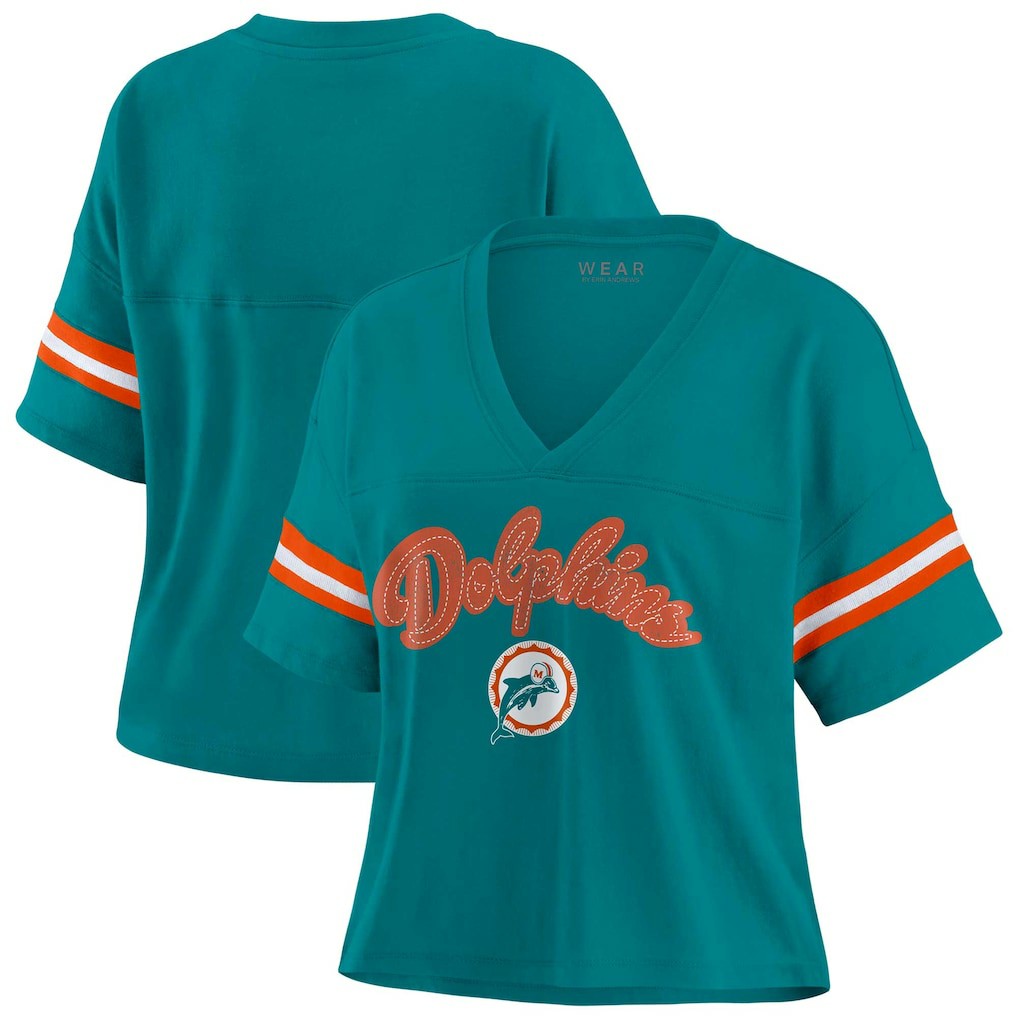 Miami Dolphins WEAR by Erin Andrews Women's Plus Size Color Block Boxy V-Neck T-Shirt - Aqua cheap