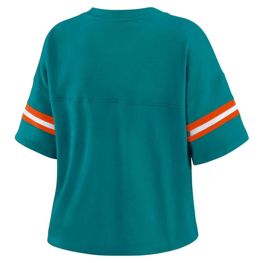 Miami Dolphins WEAR by Erin Andrews Women's Plus Size Color Block Boxy V-Neck T-Shirt - Aqua cheap