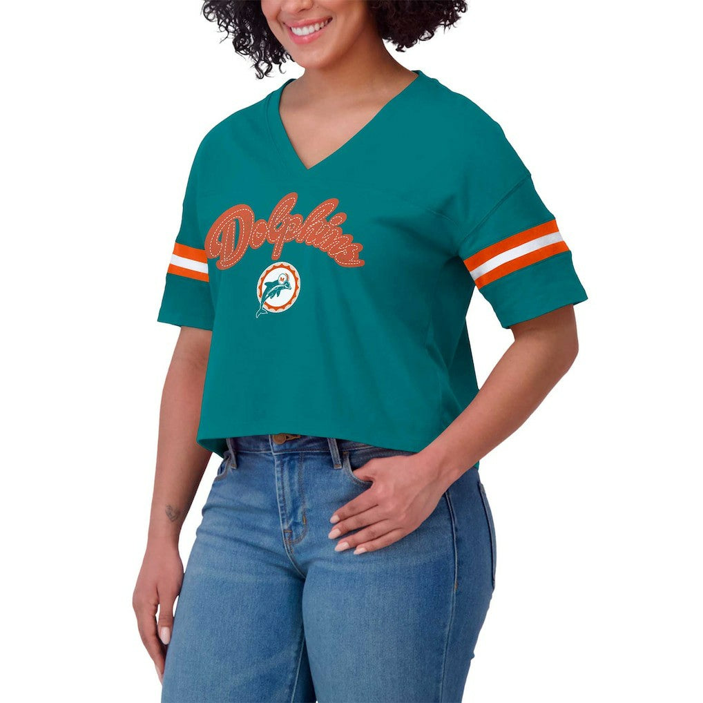 Miami Dolphins WEAR by Erin Andrews Women's Plus Size Color Block Boxy V-Neck T-Shirt - Aqua cheap