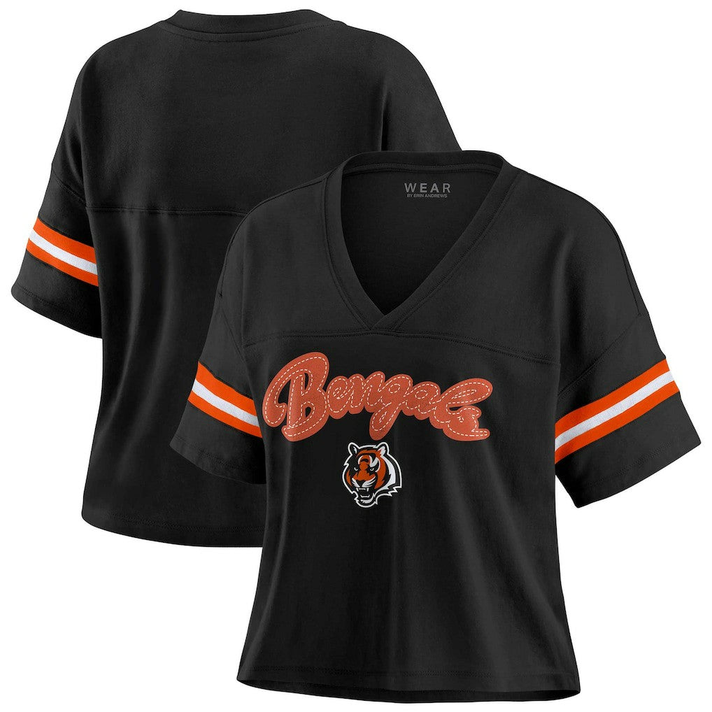 Cincinnati Bengals WEAR by Erin Andrews Women's Plus Size Color Block Boxy V-Neck T-Shirt - Black outlet
