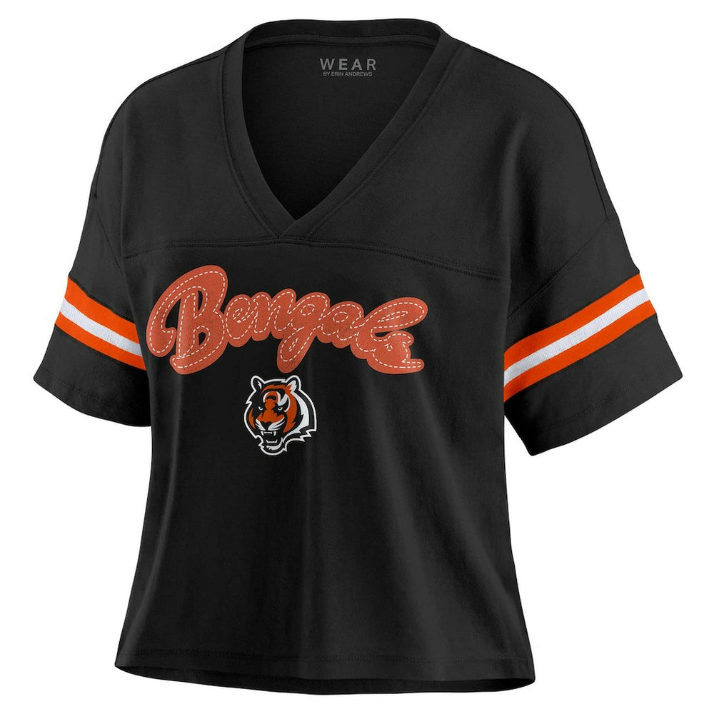 Cincinnati Bengals WEAR by Erin Andrews Women's Plus Size Color Block Boxy V-Neck T-Shirt - Black outlet
