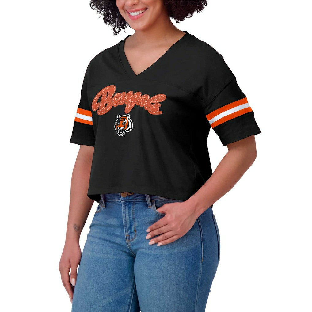 Cincinnati Bengals WEAR by Erin Andrews Women's Plus Size Color Block Boxy V-Neck T-Shirt - Black outlet