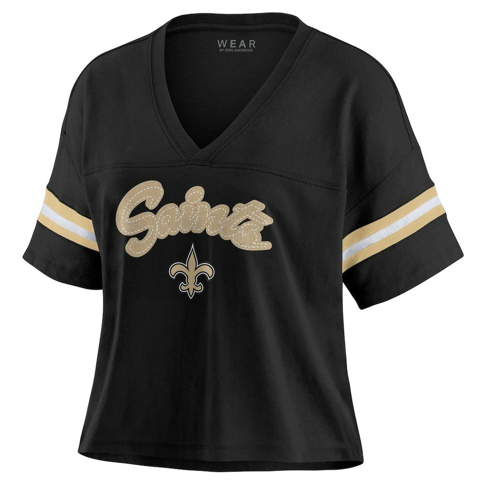 New Orleans Saints WEAR by Erin Andrews Women's Plus Size Color Block Boxy V-Neck T-Shirt - Black online
