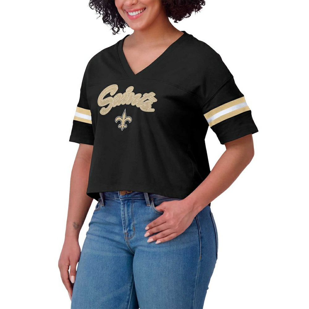 New Orleans Saints WEAR by Erin Andrews Women's Plus Size Color Block Boxy V-Neck T-Shirt - Black online