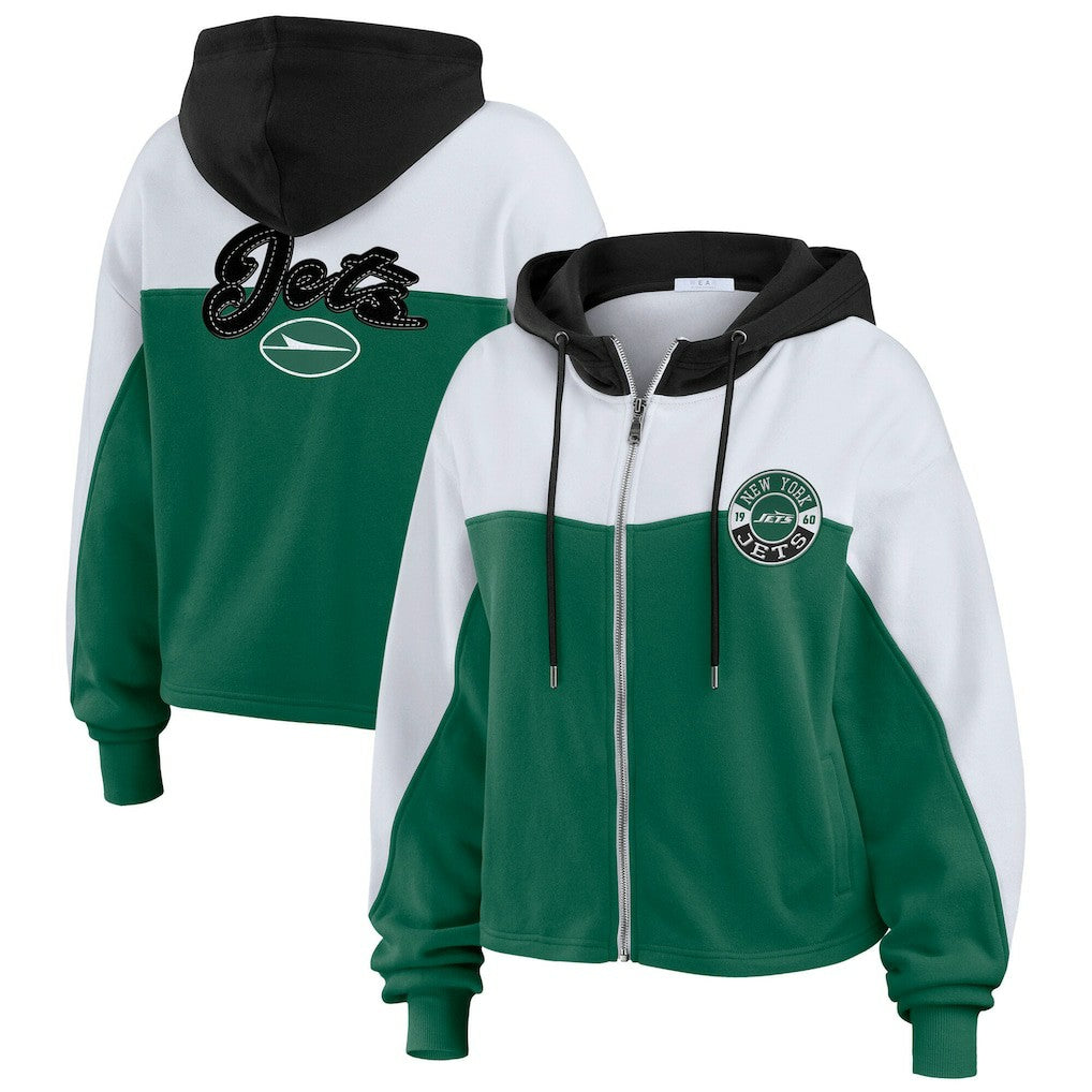 New York Jets WEAR by Erin Andrews Women's Color Block Full-Zip Hoodie - Green/White cheap