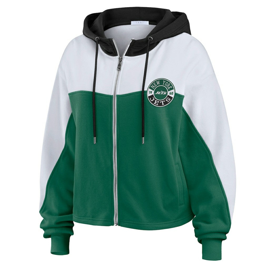 New York Jets WEAR by Erin Andrews Women's Color Block Full-Zip Hoodie - Green/White cheap