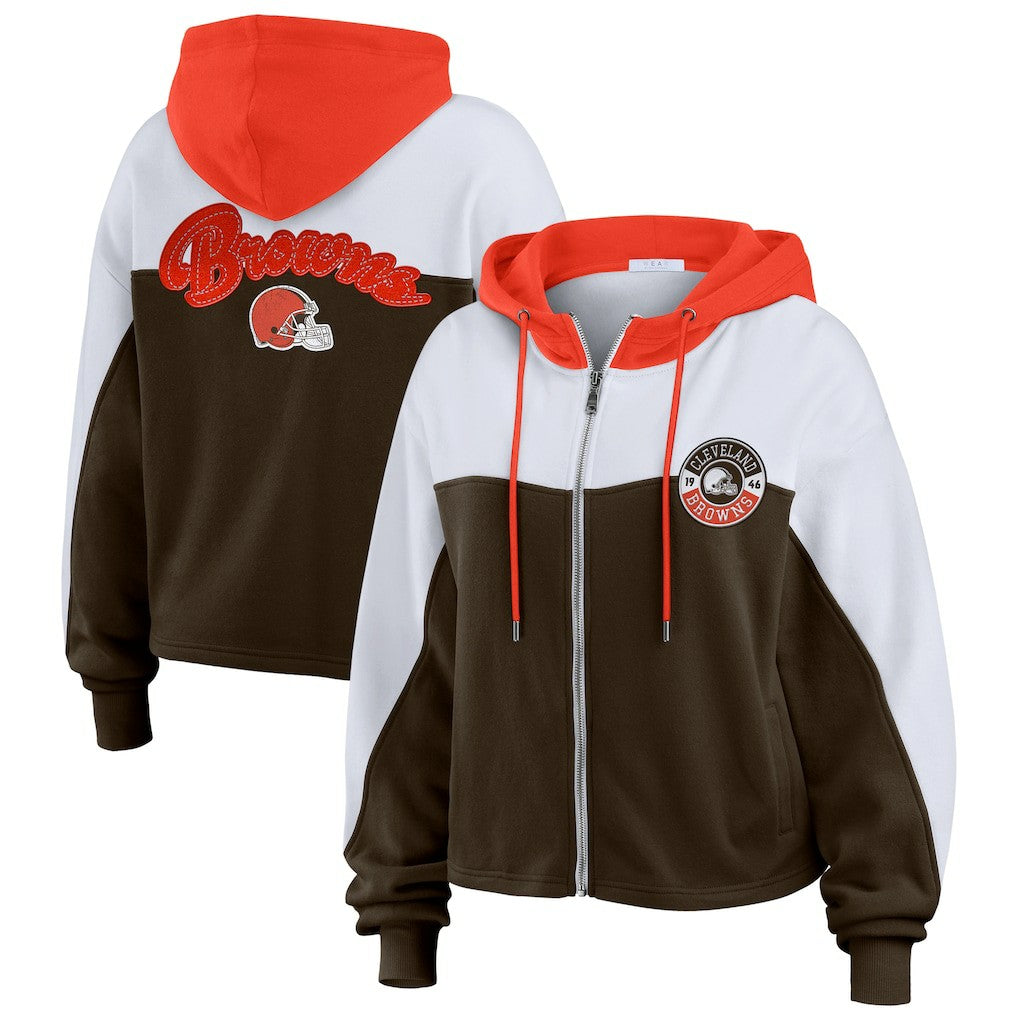 Cleveland Browns WEAR by Erin Andrews Women's Plus Size Color Block Full-Zip Hoodie - Brown for sale