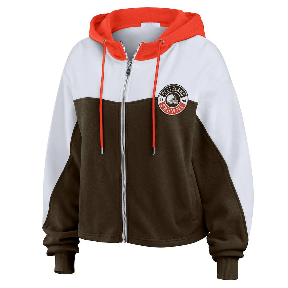 Cleveland Browns WEAR by Erin Andrews Women's Plus Size Color Block Full-Zip Hoodie - Brown for sale