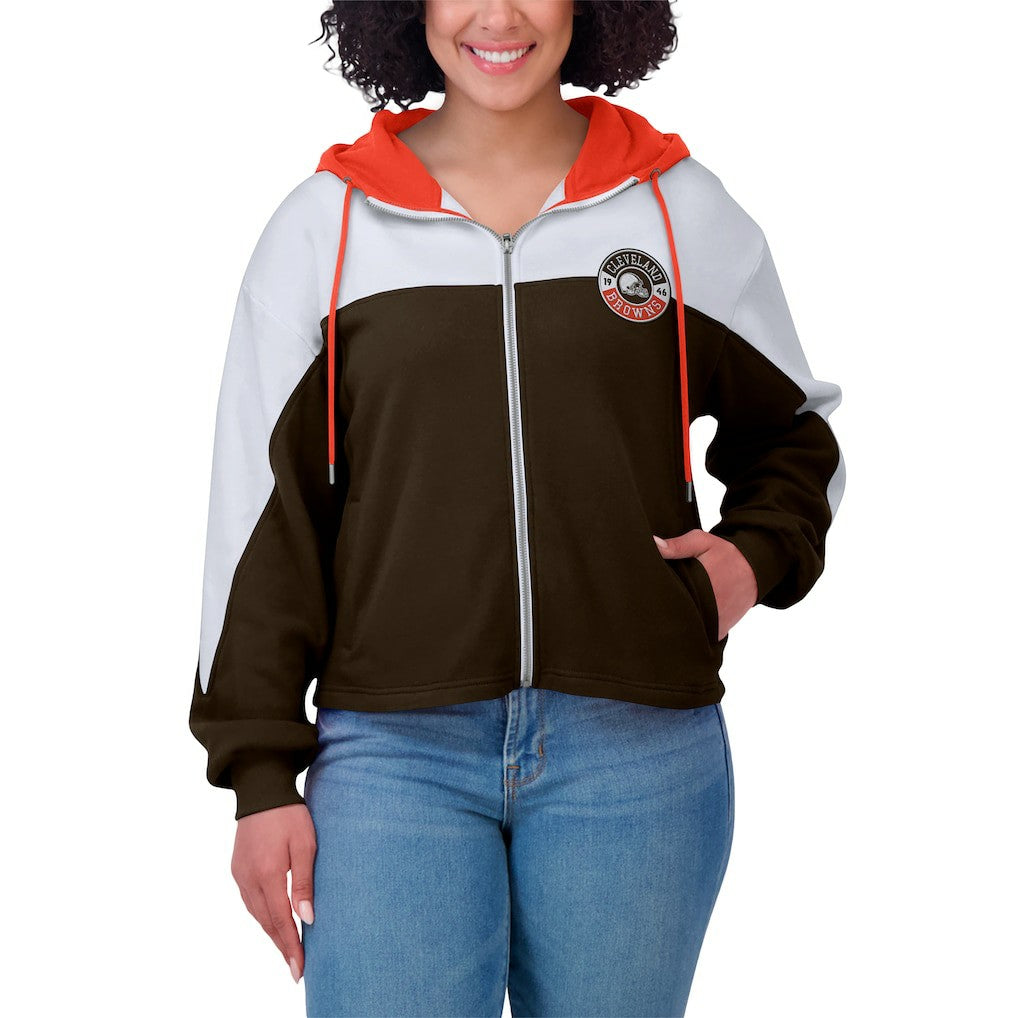 Cleveland Browns WEAR by Erin Andrews Women's Plus Size Color Block Full-Zip Hoodie - Brown for sale