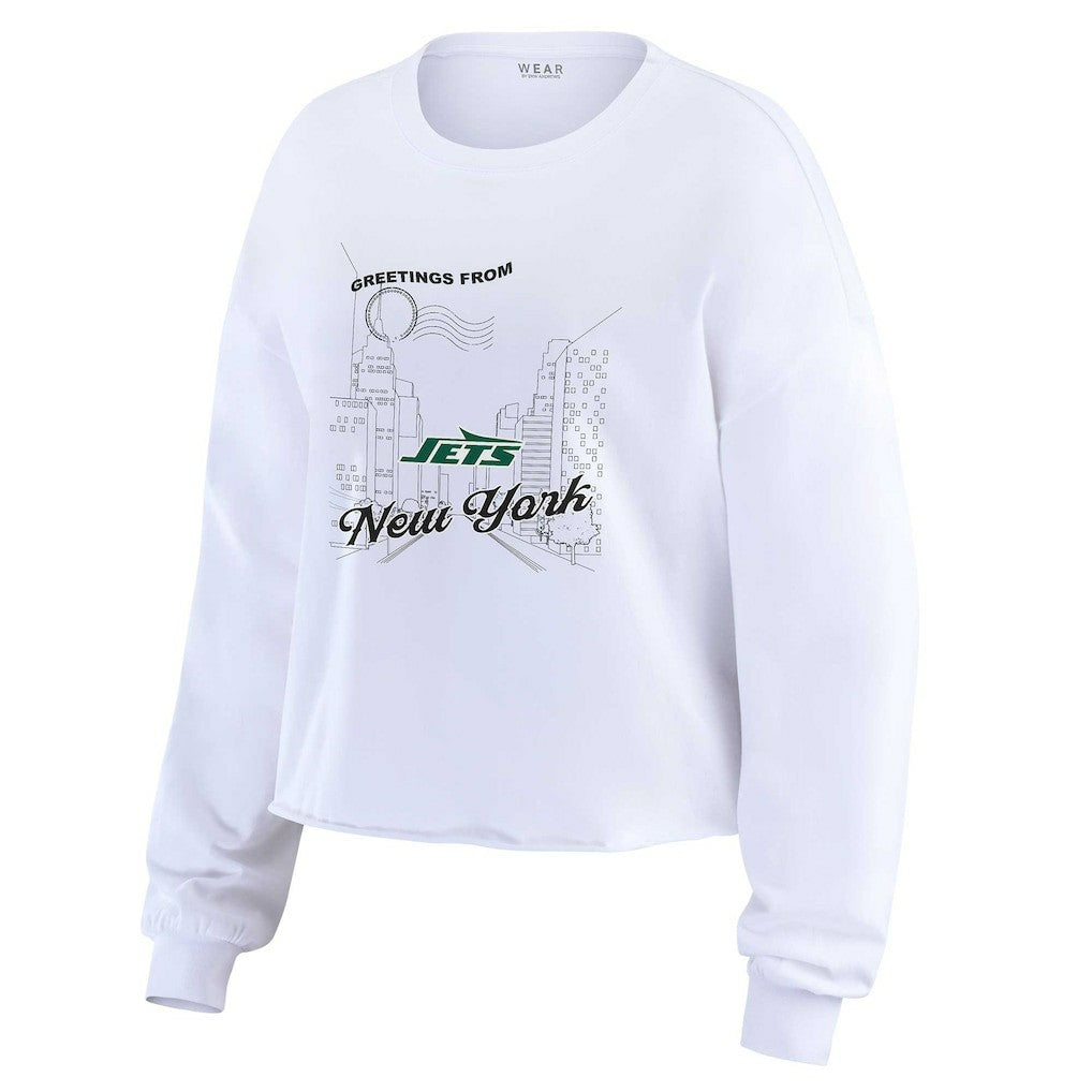 New York Jets WEAR by Erin Andrews Women's Postcard Cropped Long Sleeve Top - White discount