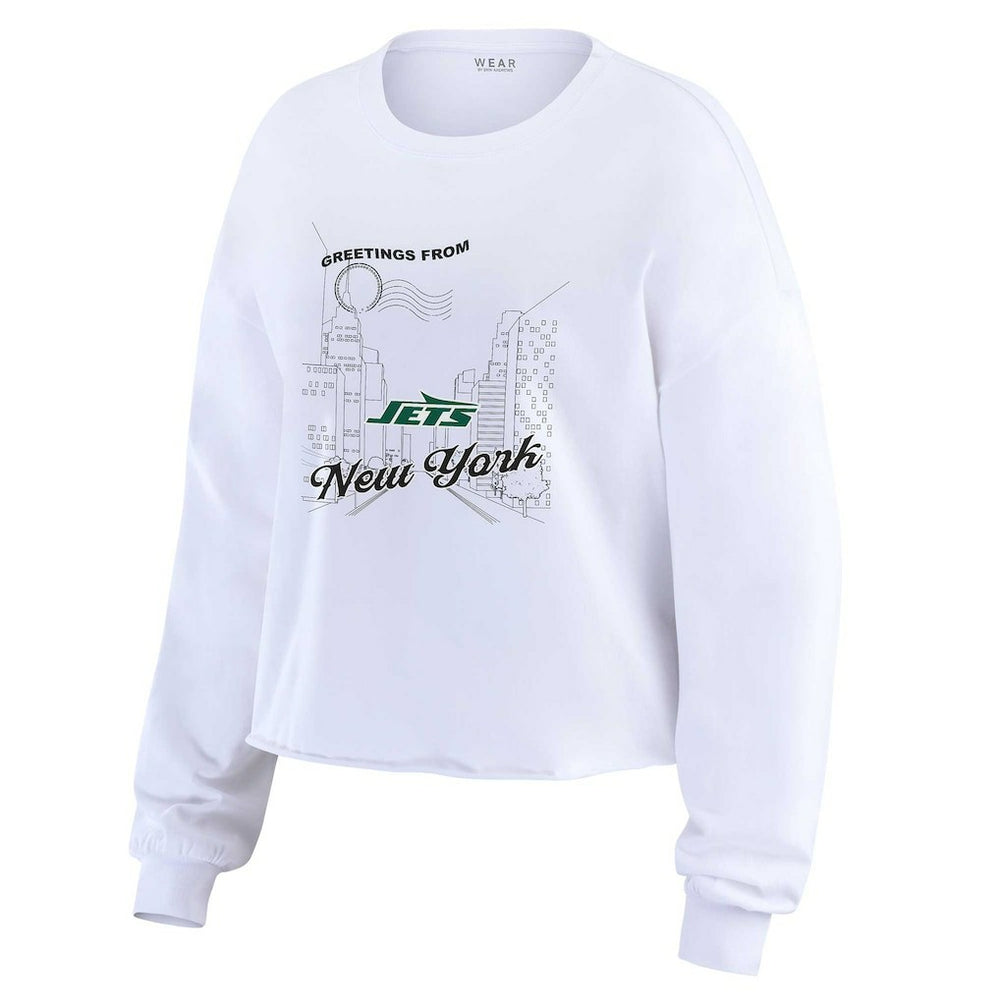 New York Jets WEAR by Erin Andrews Women's Postcard Cropped Long Sleeve Top - White discount