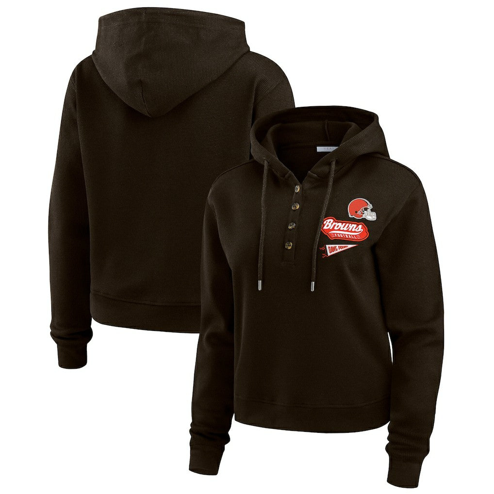 Cleveland Browns WEAR by Erin Andrews Women's Waffle-Knit Pullover Hoodie - Brown cheap