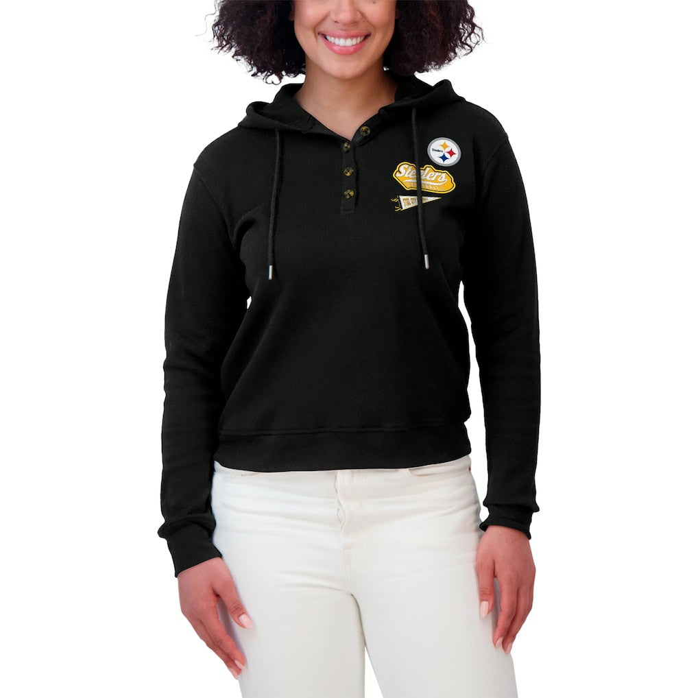 Pittsburgh Steelers WEAR by Erin Andrews Women's Waffle-Knit Pullover Hoodie - Black on sale