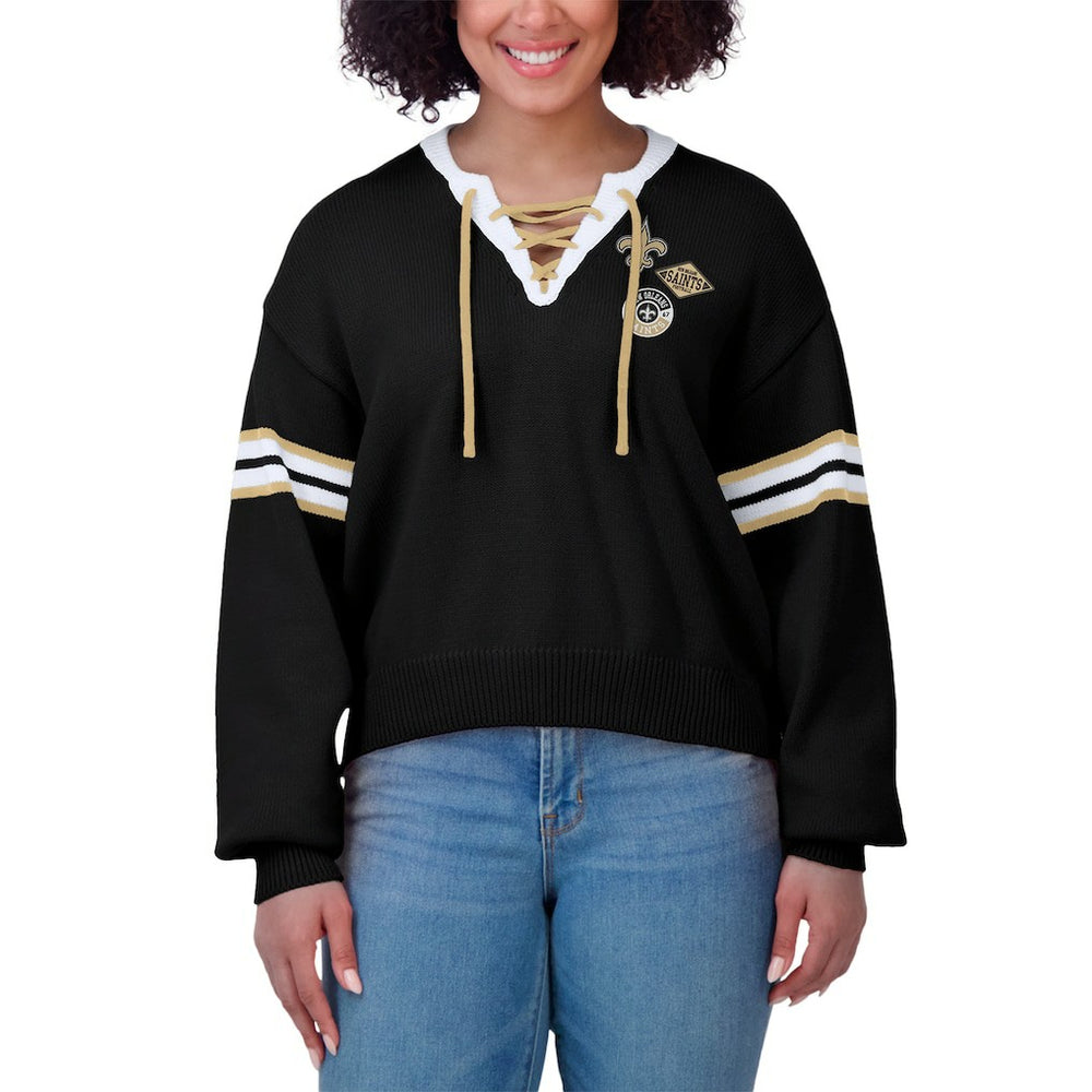 New Orleans Saints WEAR by Erin Andrews Women's Lace-Up Sweater - Black sale
