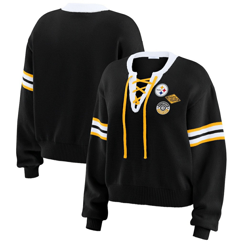 Pittsburgh Steelers WEAR by Erin Andrews Women's Lace-Up Sweater - Black for sale