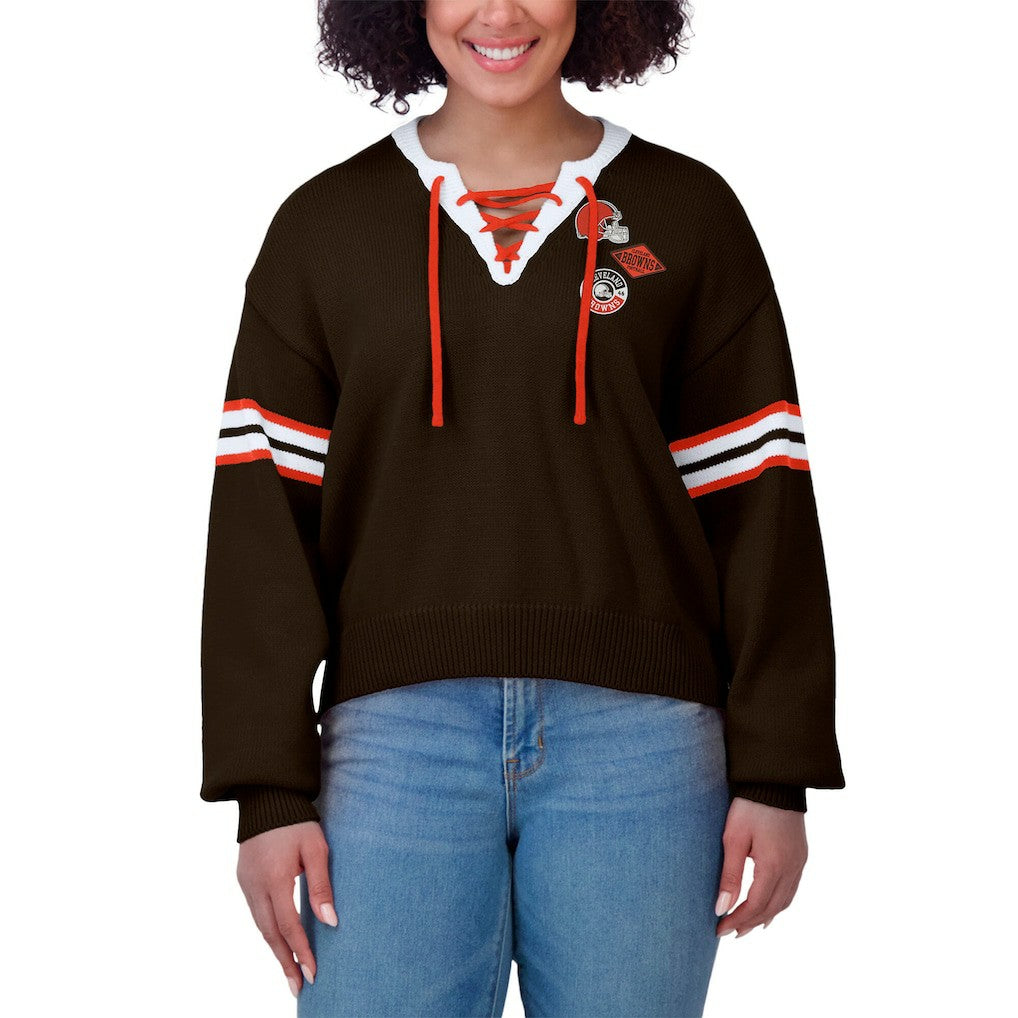 Cleveland Browns WEAR by Erin Andrews Women's Lace-Up Sweater - Brown cheap