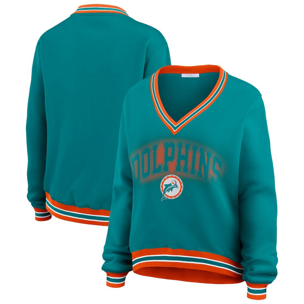 Miami Dolphins WEAR by Erin Andrews Women's Oversized Long Sleeve V-Neck Sweatshirt - Aqua outlet