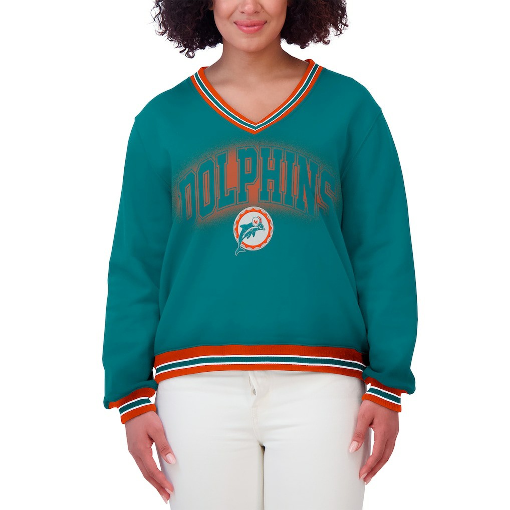Miami Dolphins WEAR by Erin Andrews Women's Oversized Long Sleeve V-Neck Sweatshirt - Aqua outlet