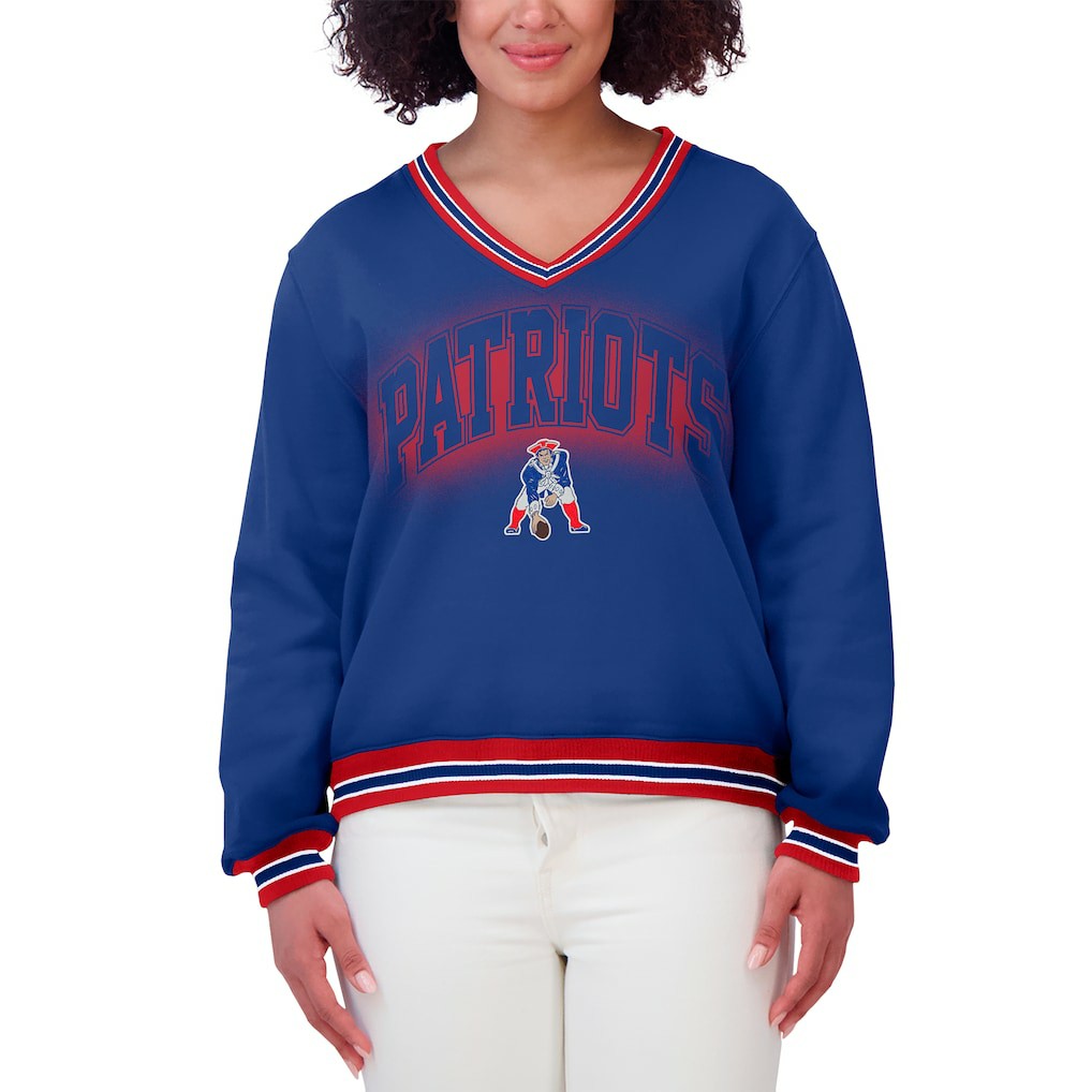 New England Patriots WEAR by Erin Andrews Women's Oversized Long Sleeve V-Neck Sweatshirt - Navy online