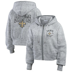 New Orleans Saints WEAR by Erin Andrews Women's Speckled Fleece Cropped Full-Zip Hoodie - Heather Gray on sale