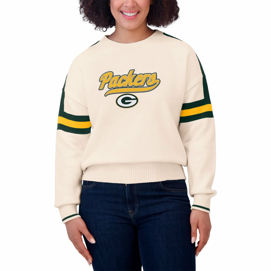 Green Bay Packers WEAR by Erin Andrews Women's Stripe Pullover Sweater - Cream discount