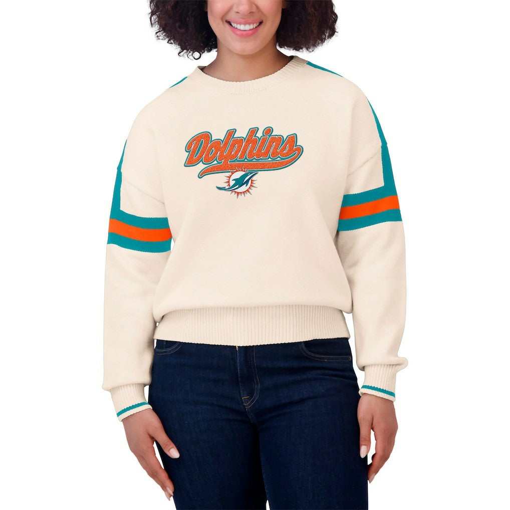 Miami Dolphins WEAR by Erin Andrews Women's Stripe Pullover Sweater - Cream outlet