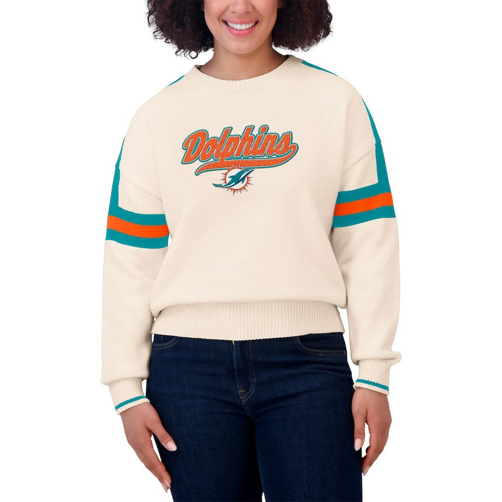 Miami Dolphins WEAR by Erin Andrews Women's Stripe Pullover Sweater - Cream outlet