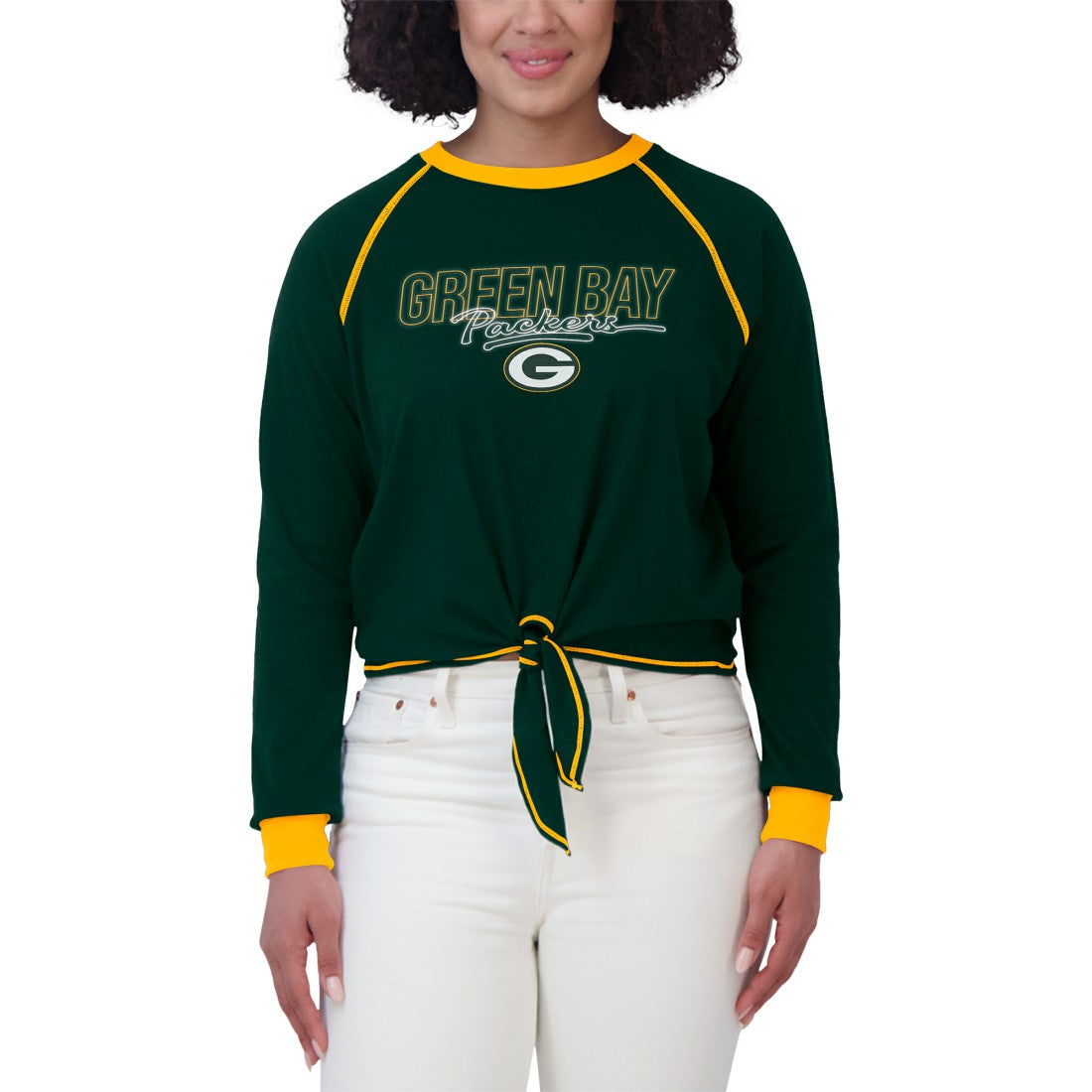 Green Bay Packers WEAR by Erin Andrews Women's Tie-Front Long Sleeve T-Shirt - Green discount