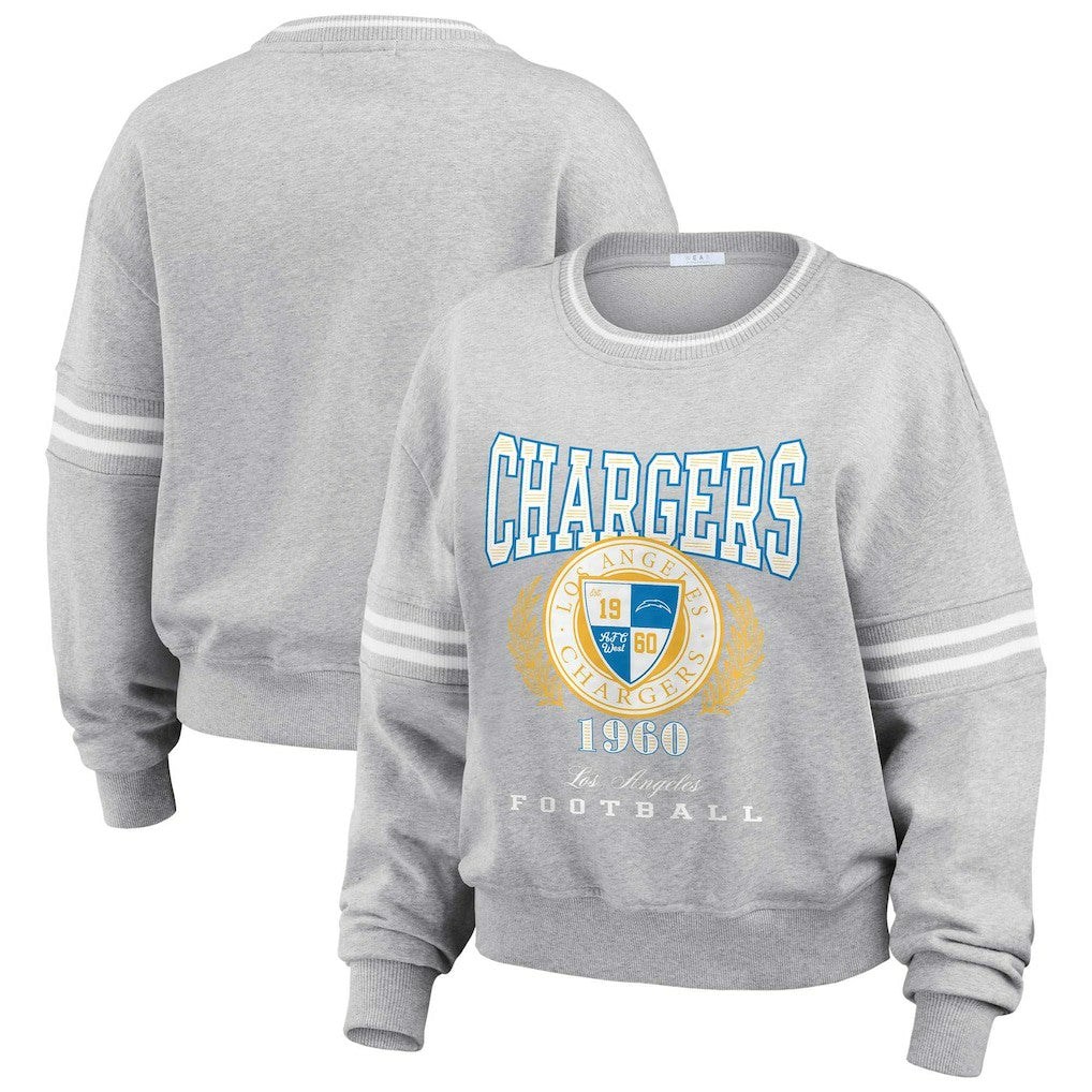 Los Angeles Chargers WEAR by Erin Andrews Women's Cropped Pullover Sweatshirt - Heather Gray discount