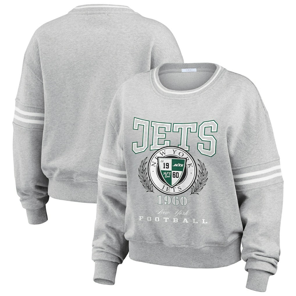 New York Jets WEAR by Erin Andrews Women's Crest Cropped Pullover Sweatshirt - Heather Gray sale