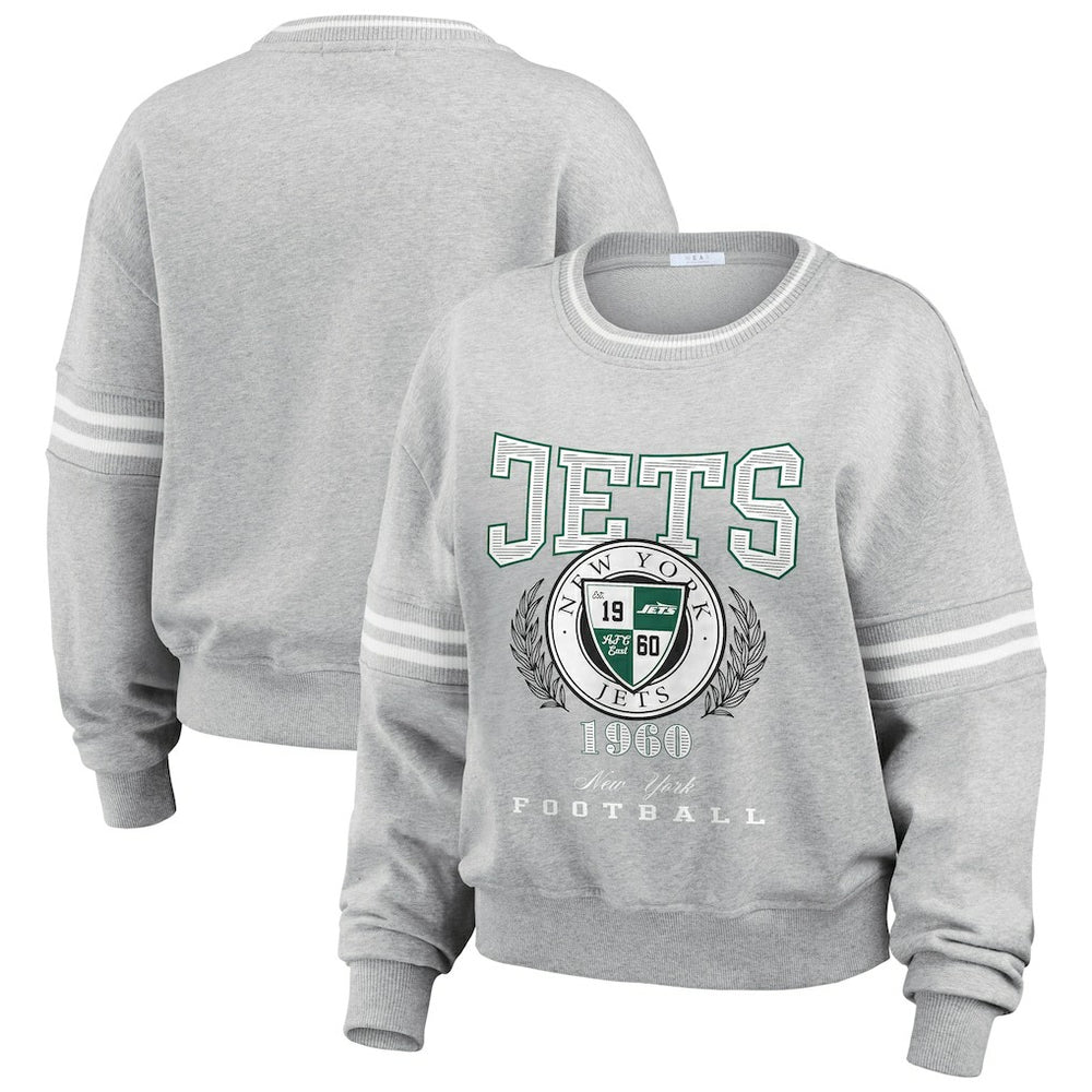 New York Jets WEAR by Erin Andrews Women's Crest Cropped Pullover Sweatshirt - Heather Gray sale