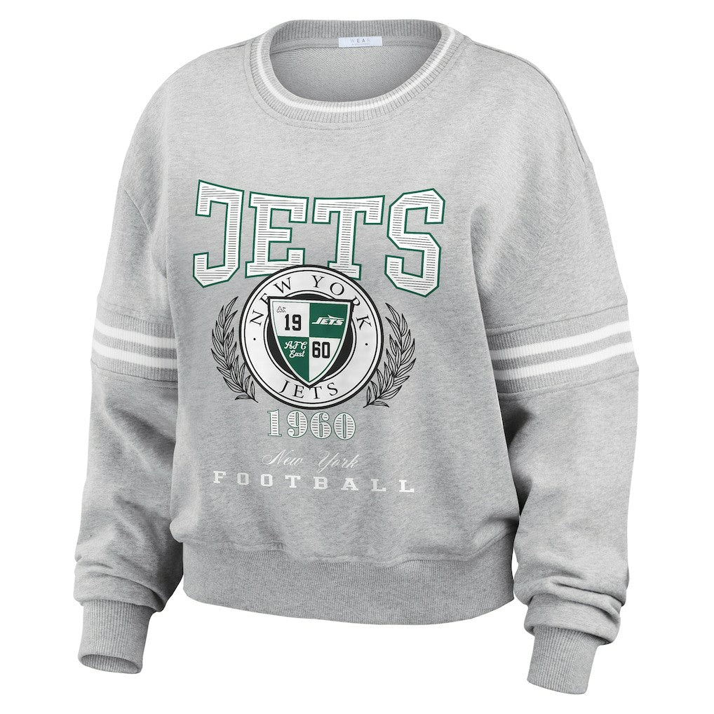 New York Jets WEAR by Erin Andrews Women's Crest Cropped Pullover Sweatshirt - Heather Gray sale