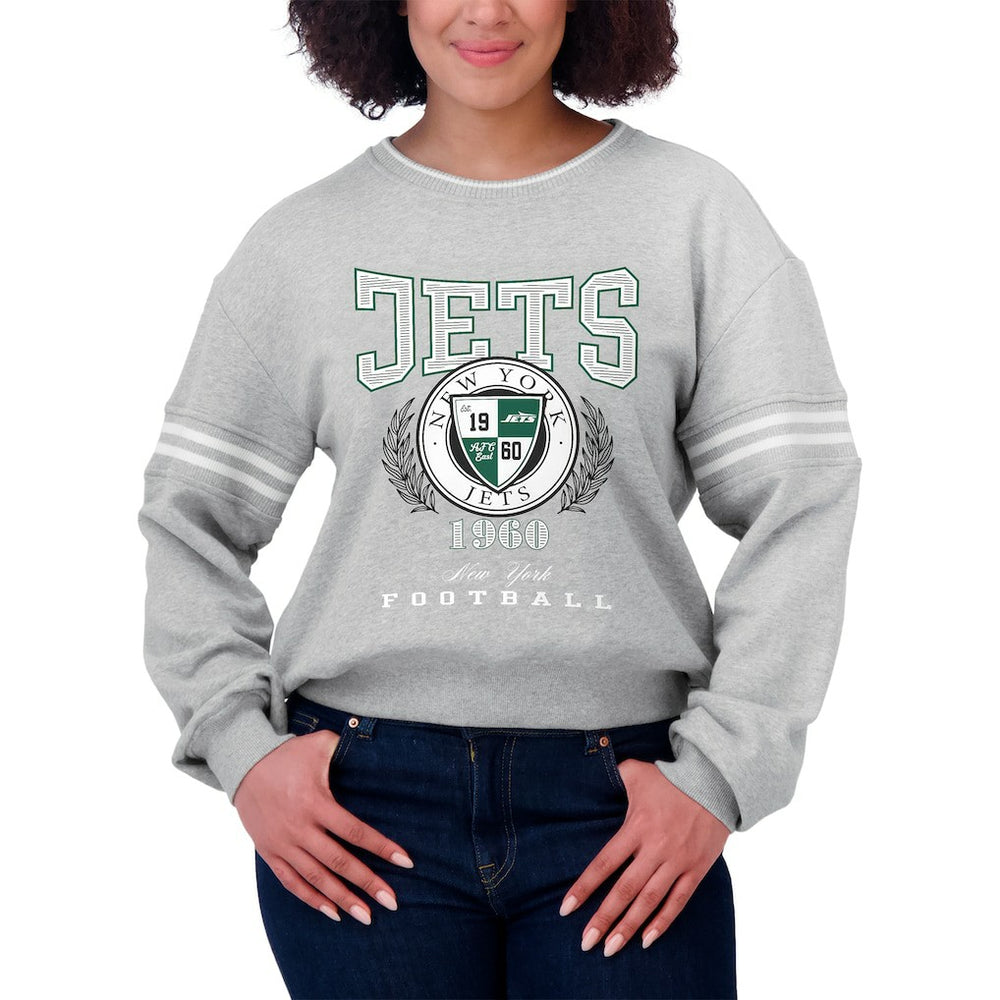 New York Jets WEAR by Erin Andrews Women's Crest Cropped Pullover Sweatshirt - Heather Gray sale