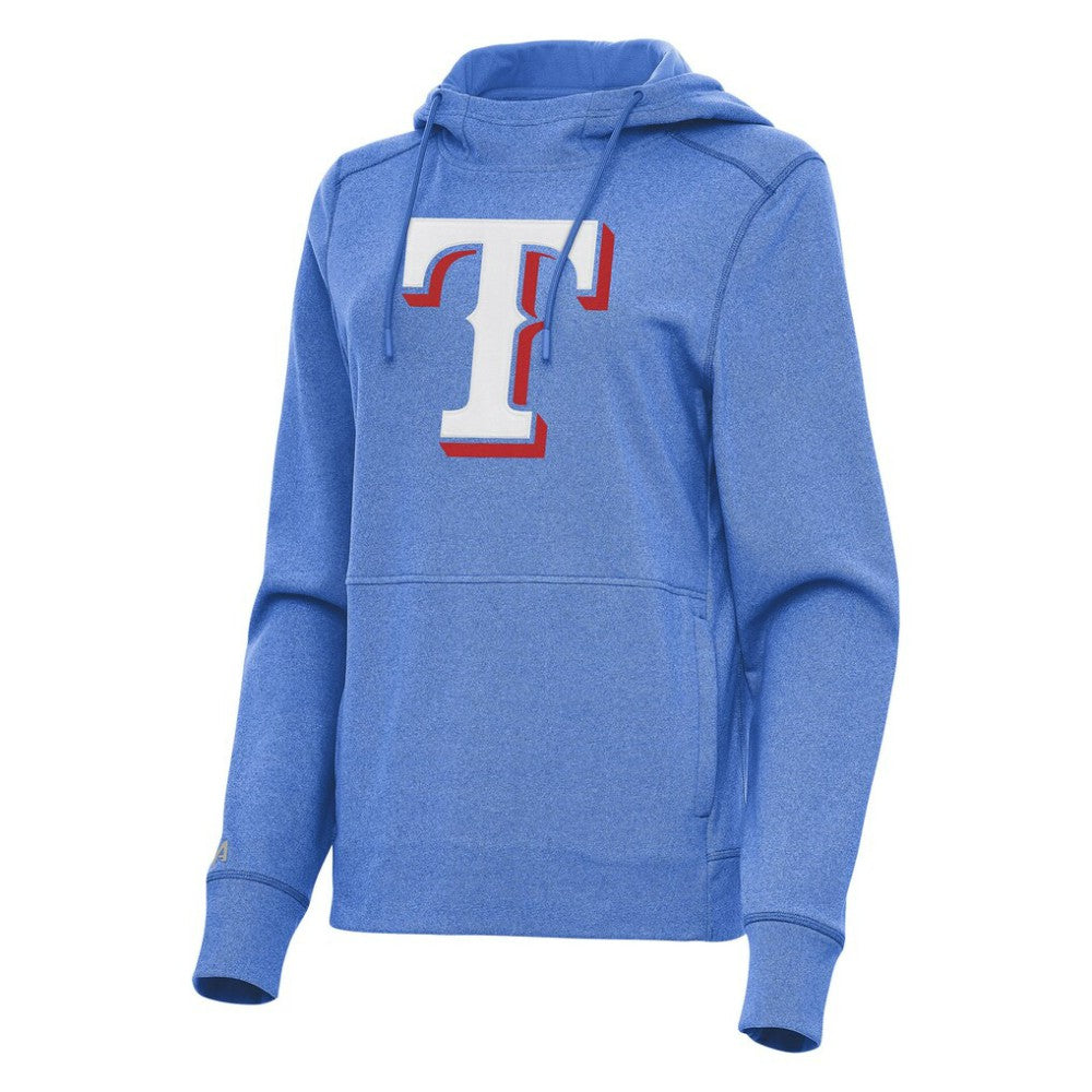 Texas Rangers Antigua Women's Justice Pullover Hoodie - Heather Light Blue